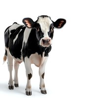 Young Holstein dairy cow with black and white spotted coat standing on white background, isolated cutout for agricultural and farming designs.