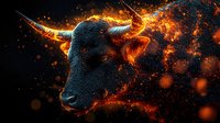 Dramatic bull head with glowing fire particles and burning embers against dark background, creating mystical and powerful artistic effect for design projects.