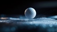 Golf ball resting on textured surface with dramatic lighting and shallow depth of field creating atmospheric sports photography composition.