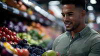 Young Hispanic man shopping for fresh berries and produce in modern grocery store with colorful fruit display background for healthy lifestyle content.