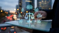 Professional using tablet with digital justice scales and people icons representing legal technology and human resources management in modern city office.