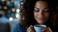Young African American woman with curly hair enjoying coffee moment at home, eyes closed with gentle smile against blurred holiday lights background.