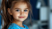 Young girl with bright blue eyes and gentle smile wearing turquoise top against dark background, soft lighting creates warm emotional portrait highlighting natural childhood innocence.