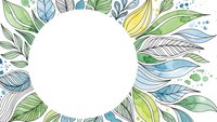 Decorative botanical frame with colorful hand-drawn leaves in green, blue and yellow tones. Natural floral border with empty white circle for text or logo.