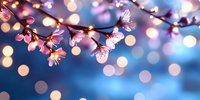 Delicate pink cherry blossoms illuminated by soft bokeh lights against deep blue twilight background, creating dreamy spring atmosphere with butterfly silhouette.