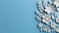 White paper cut flowers and leaves creating elegant floral composition on blue background. Modern craft design with soft shadows and copy space for text.