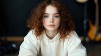 Young Caucasian woman with curly auburn hair wearing white hoodie looking at camera with natural makeup and confident expression against dark background.