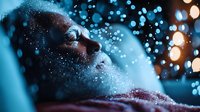 Young African American woman with closed eyes and glowing skin in dreamy blue light with bokeh sparkles and water drops creating magical atmospheric portrait.