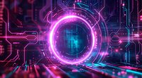 Futuristic glowing neon portal with circuit board patterns in pink and blue colors against dark background, digital technology concept with light effects.