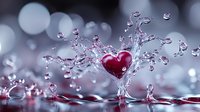 Red heart-shaped droplet creates dynamic water splash with crystal clear droplets against soft bokeh background for romantic designs.