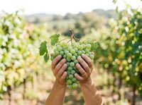 Farmer holding fresh green grapes in vineyard during harvest season. Hands displaying ripe fruit with blurred grapevines in background for agriculture and wine production concepts.