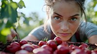 Young woman with natural makeup smiling while looking at fresh picked cherries in woven basket during summer harvest season in orchard garden.