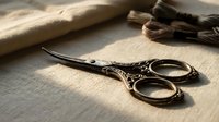 Vintage ornate scissors with decorative handles rest on natural linen fabric alongside thread spools and rolled cloth, perfect for sewing, crafting, and textile design projects.