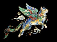 Winged cat in traditional Asian art style, isolated on transparent background. Great for stickers, t-shirt design, print on demand, and sublimation crafts.