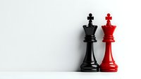 Black and red chess king pieces standing together against white wall, symbolizing leadership, competition, and strategic partnership in business concept.
