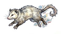 Opossum with ornate swirling tail and decorative floral patterns, isolated on white background, suitable for clipart and design projects.