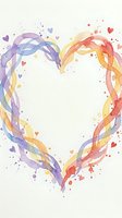 Watercolor heart frame with rainbow ribbons and small hearts on textured paper background for romantic designs and Valentine's Day projects.