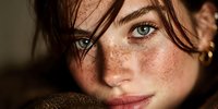 Young woman with freckles and green eyes in warm golden light. Natural beauty portrait with soft lighting and auburn hair strands across face.