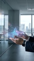 Businessman hands holding holographic government building projection in modern office for political technology and digital governance concepts.