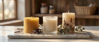 Aromatic candles with lavender and herbs on marble tray, creating a spa-like ambiance for relaxation, wellness, and home decor styling.