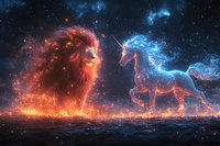Mystical fire lion and ice unicorn face off in cosmic battle scene, glowing particles and magical energy effects against starry night background.