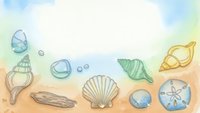 Watercolor seashells and marine treasures scattered on sandy beach background with soft pastel colors for coastal themed designs and summer projects.
