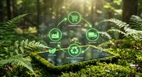 Sustainable business technology concept with green icons floating above tablet in forest environment showcasing eco-friendly commerce solutions.