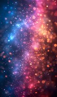 Magical glowing bokeh lights in blue and orange gradient background with sparkling particles creating dreamy cosmic atmosphere. Suitable for festive designs.