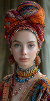 Young woman wearing vibrant orange and red turban with beaded details, ethnic jewelry including layered necklaces and earrings, traditional colorful costume against blurred background.