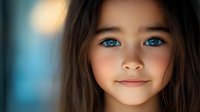 Young girl with striking blue eyes and gentle smile against blurred blue background, soft lighting creates dreamy portrait atmosphere for family photography and childhood memories.