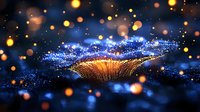 Glowing magical mushroom with luminescent blue spores and golden bokeh lights against dark background creates mystical forest atmosphere. For fantasy art and nature designs.