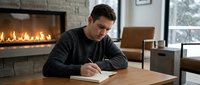 Focused Caucasian man in dark sweater writing notes at wooden table in modern living room with fireplace, concentrated on paperwork and planning tasks.
