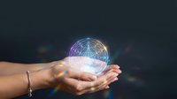 Hands holding glowing digital brain with neural network connections representing artificial intelligence, machine learning and futuristic technology concepts.