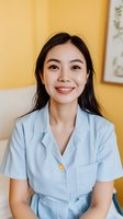 Young Asian female healthcare professional in light blue medical uniform smiling warmly against yellow wall background. Portrait shows genuine friendliness and confidence.