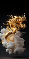 Golden Chinese dragon sculpture emerging from white clouds against dark background, symbolizing power and good fortune in Asian culture.