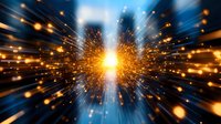 Explosive burst of golden light particles radiating from center point against dark blue background creates dramatic speed and motion effect for technology designs.