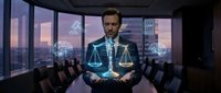 Professional businessman holding holographic justice scales in modern office boardroom with city skyline view at sunset for legal technology concepts.