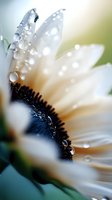 Macro photography of white daisy petals with morning dew drops, showing dark center detail and soft bokeh background. Natural floral art suitable for wellness designs.