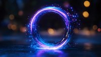 Glowing neon circle with purple and blue light trails floating over reflective surface against dark background with bokeh lights and magical particles.