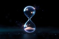 Glowing hourglass with flowing luminescent sand against dark background, magical particles and light effects create mystical atmosphere for time concept designs.