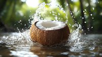 Fresh coconut half with splashing milk and water drops against blurred green tropical background, dynamic food photography composition.