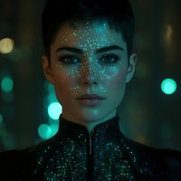 Young woman with short dark hair in futuristic outfit with glowing sparkles on face against dark background with teal bokeh lights creating mysterious atmosphere.