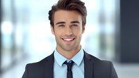 Young Caucasian businessman with confident smile wearing dark suit and blue shirt in corporate office environment. Professional portrait with blurred background.