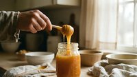 Golden honey dripping from wooden dipper into glass jar on rustic kitchen table with warm natural lighting for culinary and organic food concepts.