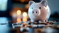 Pink ceramic piggy bank with scattered coins on dark surface against blurred candlelight background, representing savings and financial planning concept.