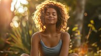 Young African American woman with curly hair enjoying peaceful moment in garden with golden sunlight, eyes closed in meditation.