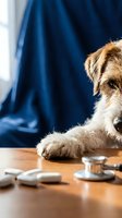 Terrier mix dog resting on wooden table with scattered pills and stethoscope, blue fabric background, veterinary care and pet health concept.