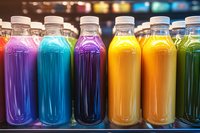 Colorful array of fresh cold-pressed juices in glass bottles lined up on refrigerated shelf, featuring vibrant purple, blue, orange and green beverages.