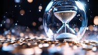 Hourglass with flowing sand surrounded by glowing bokeh lights and chains on dark background, symbolizing time passage and deadline management for business concepts.