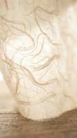 Delicate translucent fabric with flowing organic patterns creates soft ethereal texture on rustic wooden surface for luxury fashion and interior design.